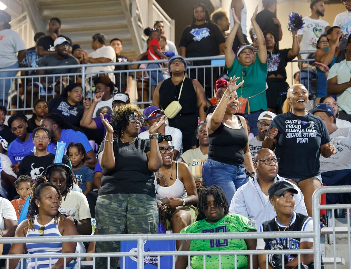 North Crowley fans celebrate a touchdown during a UIL football game at Crowley ISD Sports Complex in Fort Worth Friday, Sept. 13, 2024.