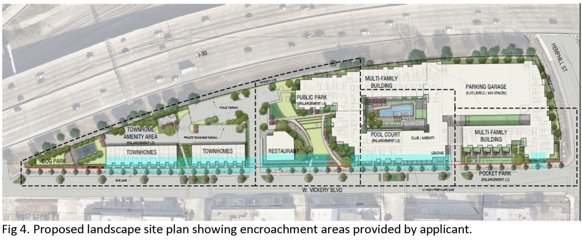 A rendering showing the layout of The Vickery, on the northwest corner of West Vickery Boulevard and Hemphill Street.