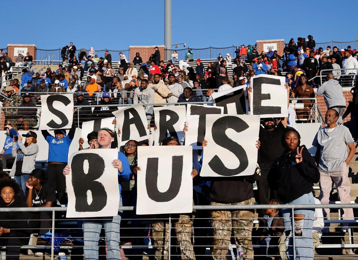 Panther fans chant to “Start the Bus” during the UIL District 6A D1 Regional football game at Vernon Newsom Stadium in Mansfield, Texas, Saturday, Nov. 30, 2024.