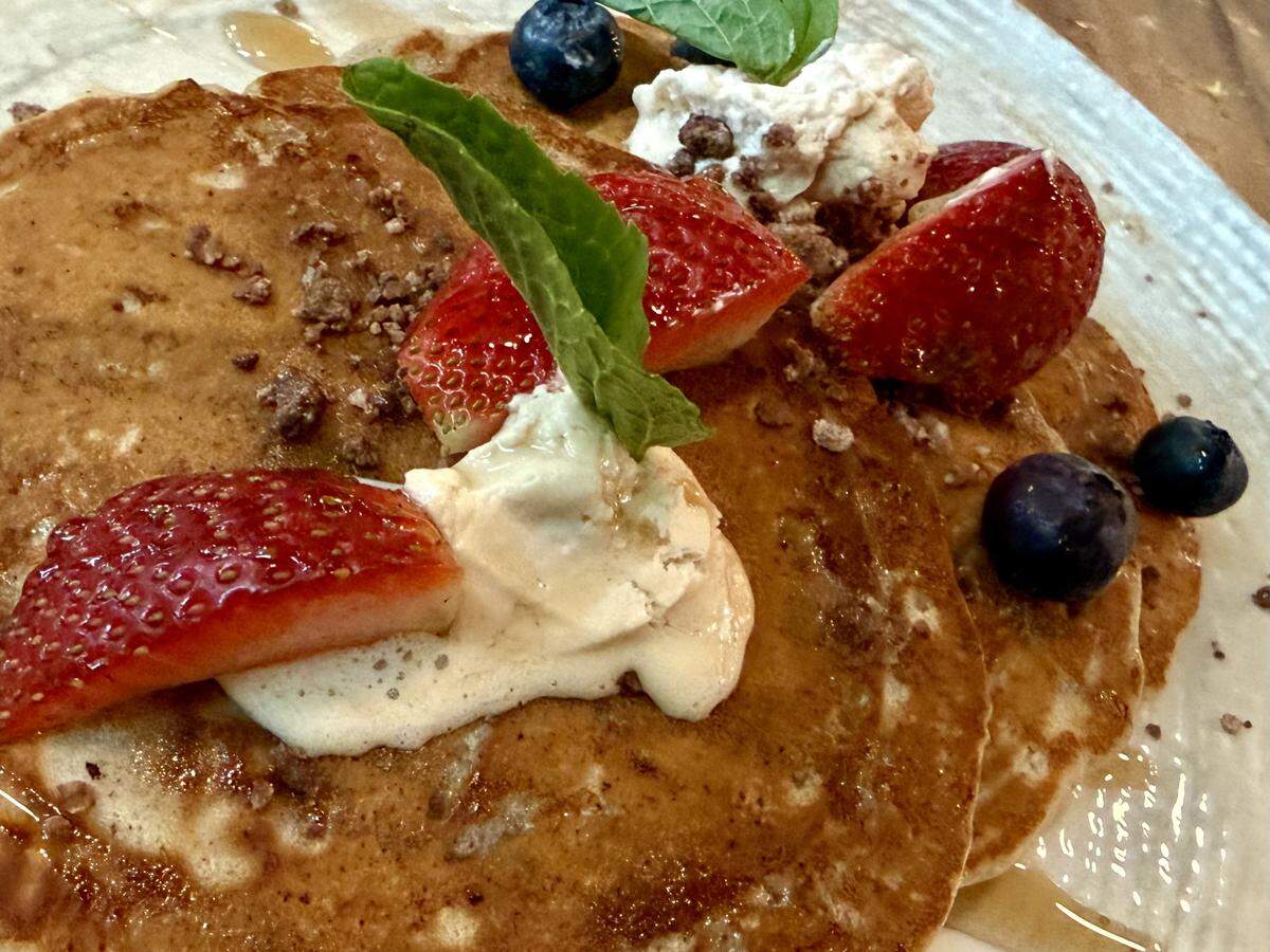 Pancakes with dates at Dos Mares restaurant in Fort Worth, Texas, seen Feb. 8, 2026.