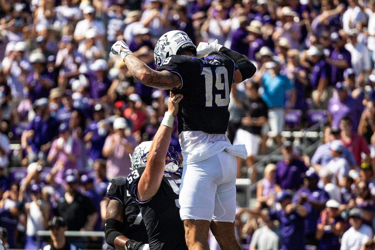 TCU tight end Jared Wiley (19) celebrates after catching a touchdown pass in the first half of a college football game between the TCU Horned Frogs and the SMU Mustangs at Amon G. Carter Stadium in Fort Worth on Saturday, Sept. 23, 2023.