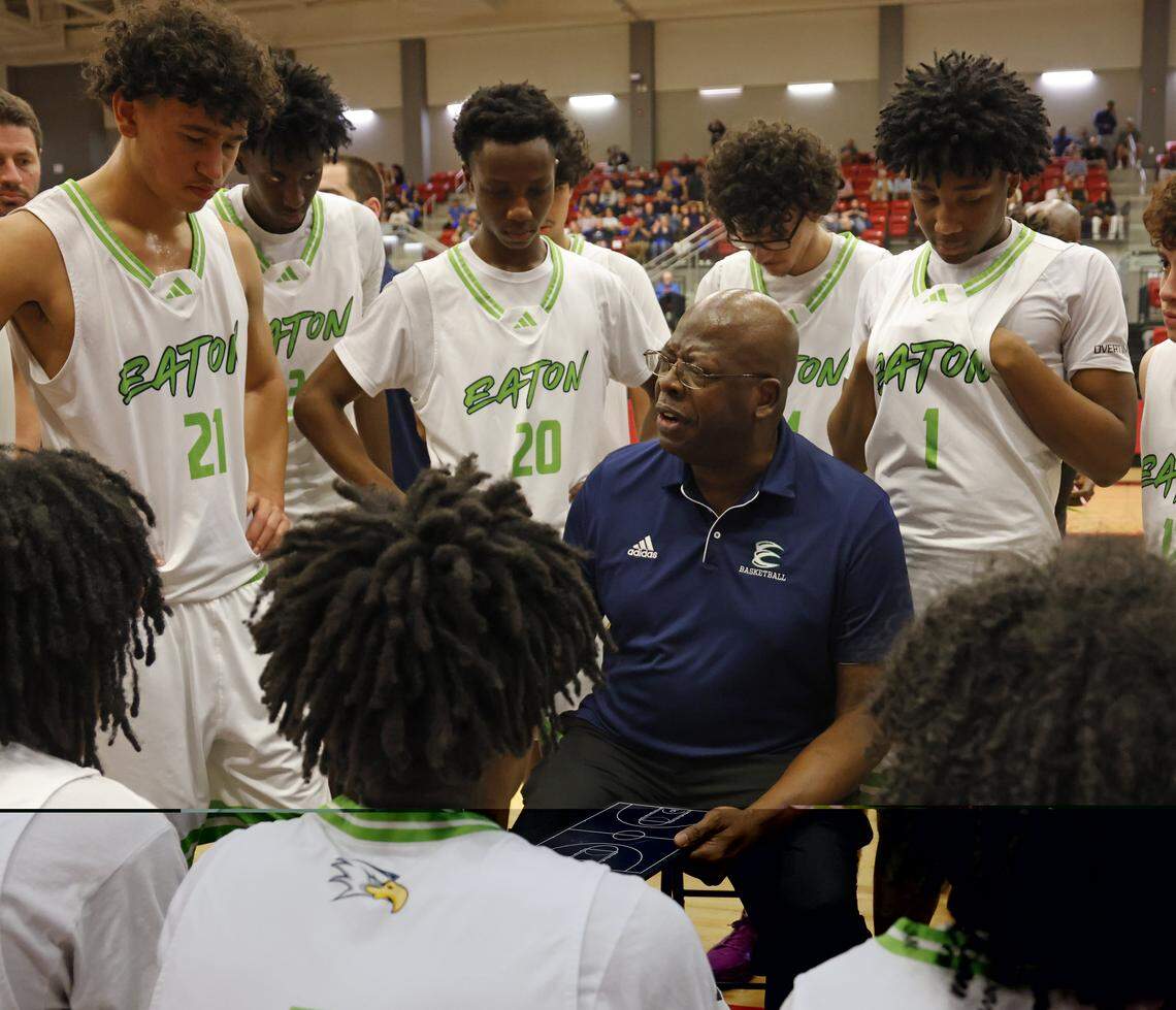 Eaton head coach Tim Thomas talks to the team during a timeout against Allen in the first half of a UIL Class 6A Division I boys regional semifinal basketball game at Coppell High School in Coppell, Texas, Tuesday, March 3, 2026.