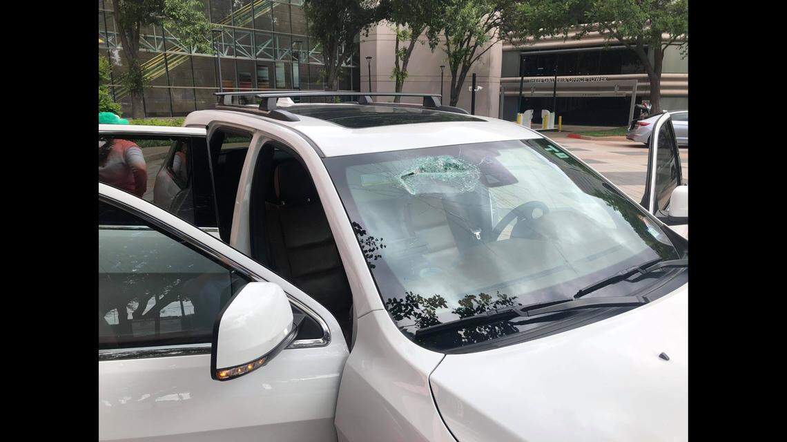 The lawn mower blade sliced through the passenger side of the windshield.