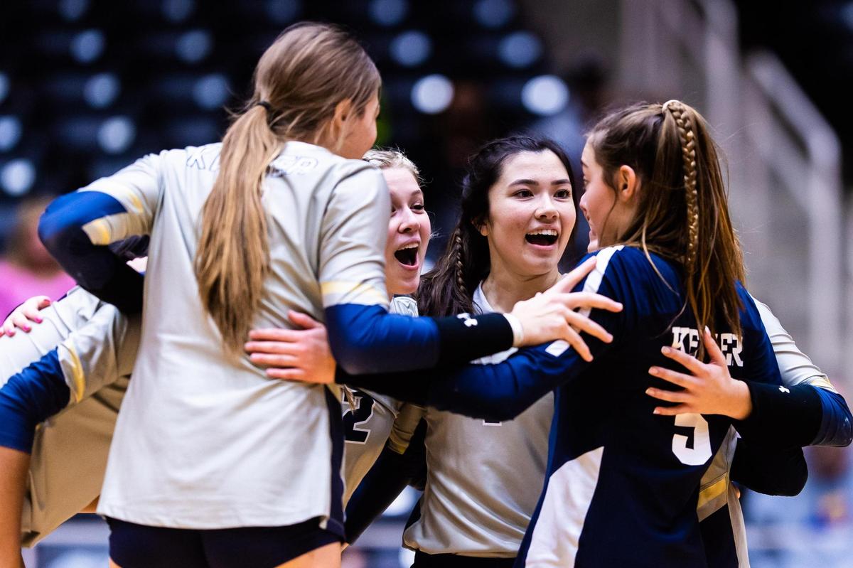 The Indians celebrate on the court during the 6A state semifinal game between Keller and Fort Bend Ridge Point at the Curtis Culwell Center in Garland on November 19, 2021. Photo by Matt Smith. Special to the Star-Telegram.