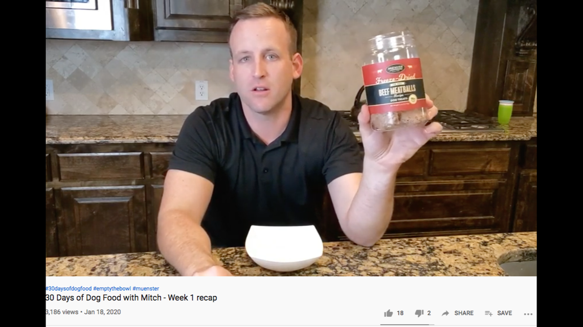 Mitch Felderhoff, president of Muenster Milling Co., says he ate only dog food for a month. Screengrab from Muenster Milling Co. on YouTube.