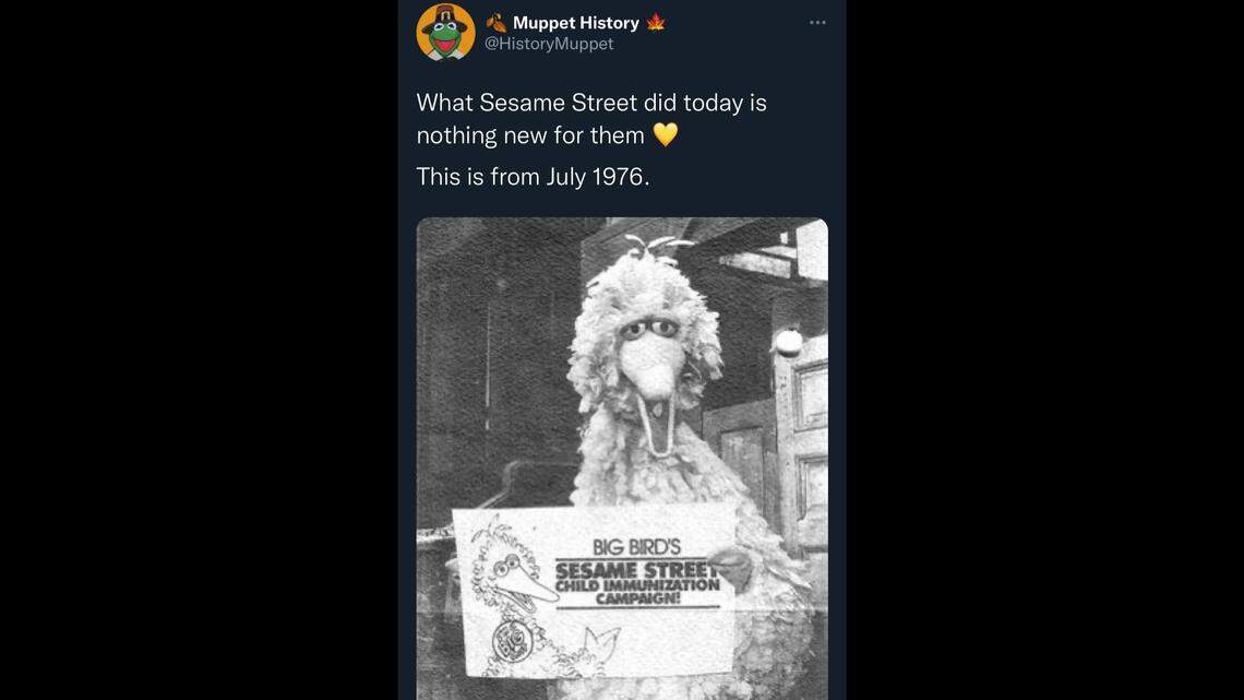 A tweet from @HistoryMuppet shows “Sesame Street” 1976 immunization campaign.