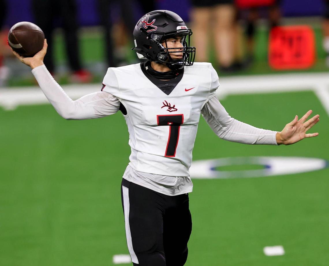 Burleson quarterback Jalen Kitna attempts a pass against Centennial during the second half, Thursday night, September 24, 2020 played at AT&T Stadium in Arlington, TX. (Steve Nurenberg Special to the Star-Telegram)