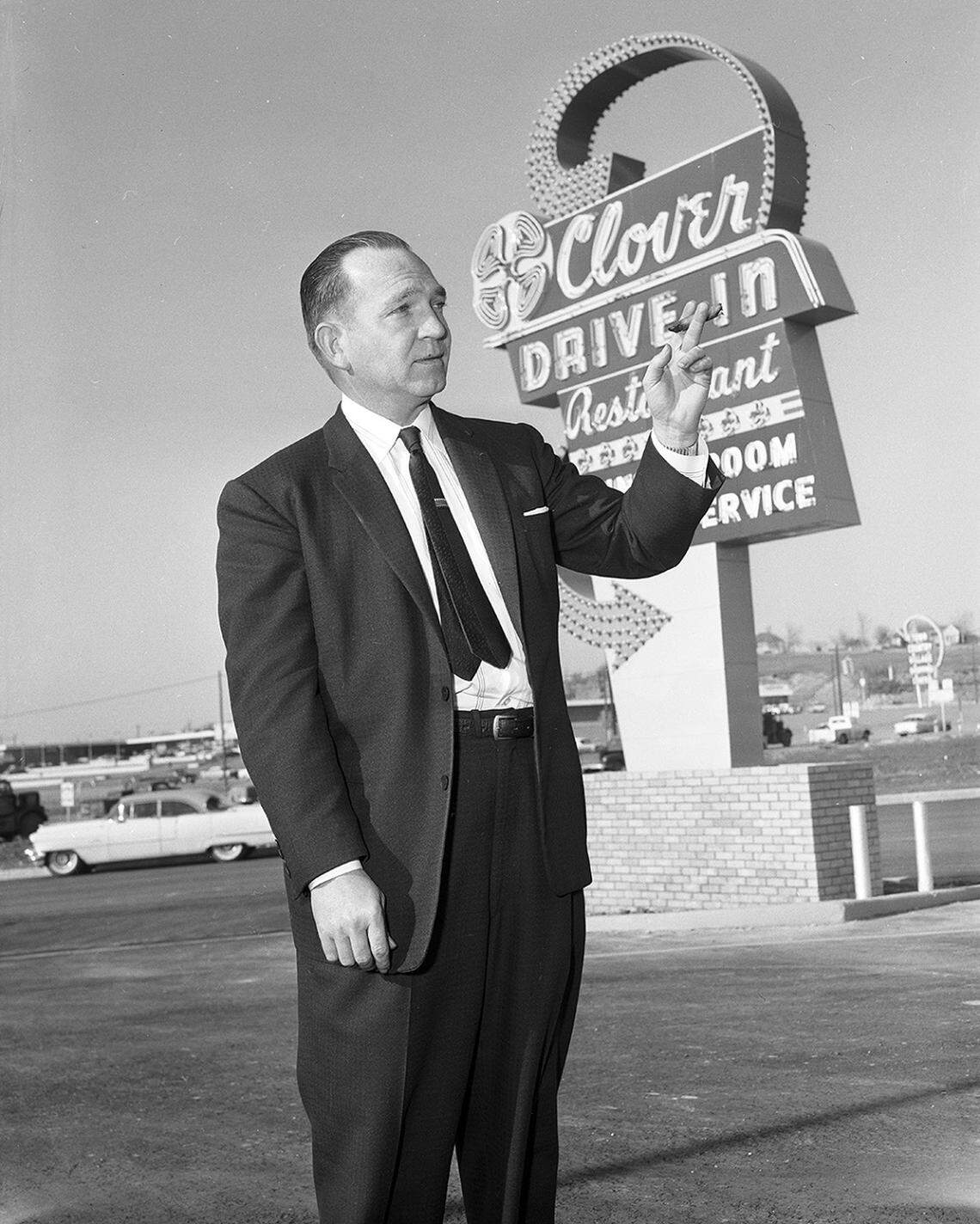 Feb. 20, 1959: Herman Allen at his new restaurant, Clover Drive-In No. 2, at 4301 River Oaks Blvd. in Fort Worth. The restaurant seated 140 people inside and remained open 24 hours daily, with a menu that included Kentucky Fried Chicken. (It is now a pawn shop next door to a KFC.)