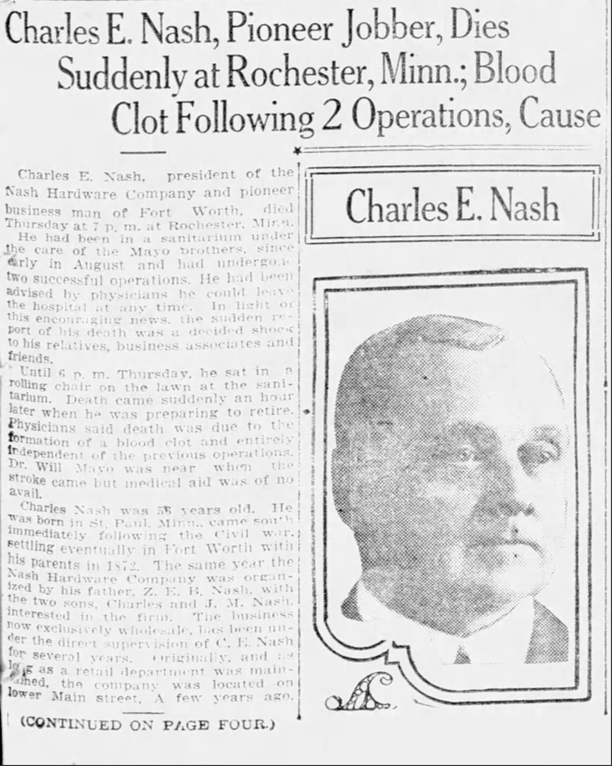 Charles E. Nash’s obituary in the Sept. 14, 1917, edition of the Fort Worth Star-Telegram.
