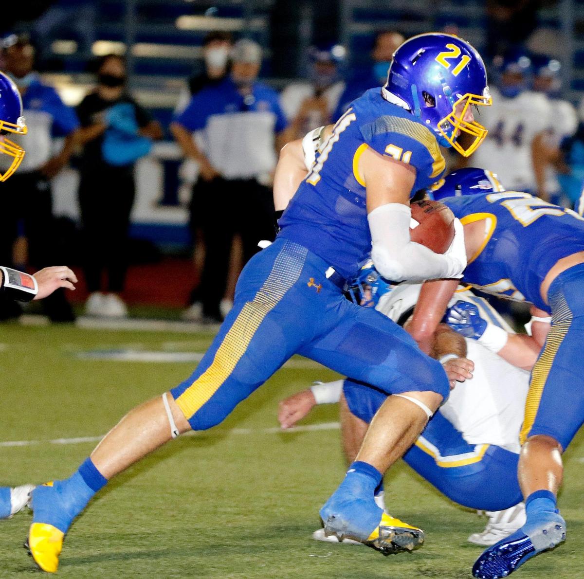 Brock running back Kutter Wilson (21) takes off down field for a gain during a high school football game at Eagle Stadium in Brock, Friday Sept. 04, 2020. Brock defeated Community 66-7. (Special to the Star-Telegram Bob Booth)