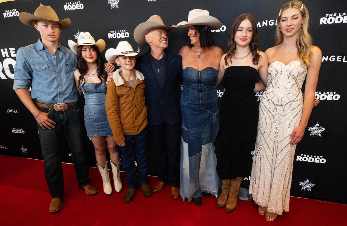 Neal and Ruvé McDonough, center, pose for a photo with their family during the world premiere of “The Last Rodeo” at AMC Dine-In Clearfork on Monday, May 12, 2025, in Fort Worth.