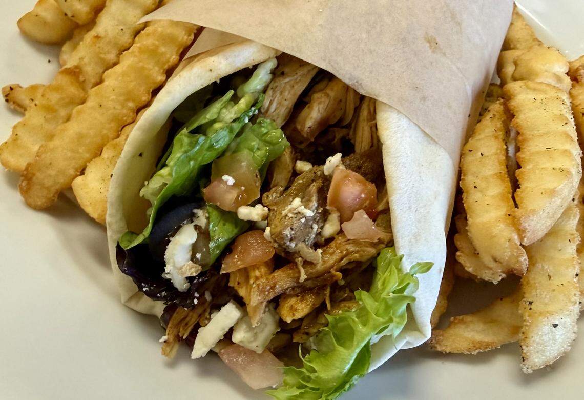 A chicken gyro with fries at Chadra Mezza in Fort Worth, as seen Feb. 28, 2026.