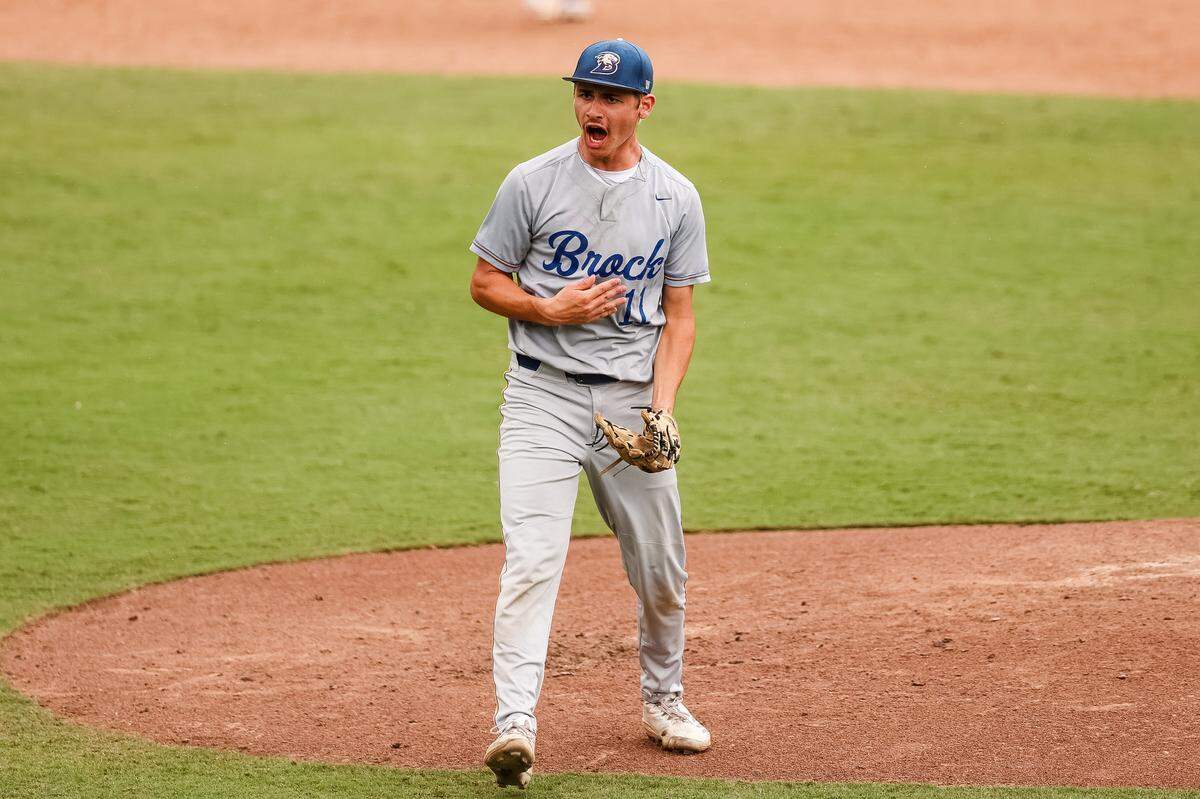 Brock pitcher Weston Pickard (11) reacts with emotion after a strikeout to end an inning against Robinson in the UIL Class 4A Division II baseball state championship game on Friday, June 5, 2026, at Dell Diamond in Round Rock, Texas.
