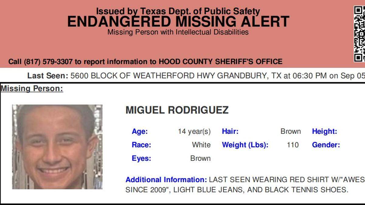 Texas authorities issued an endangered missing person alert Thursday morning, Sept. 7, for a 14-year-old boy from Granbury. Miguel Rodriguez was last seen in the 5600 block of Weatherford Highway about 6:30 p.m. on Tuesday, Sept. 5.