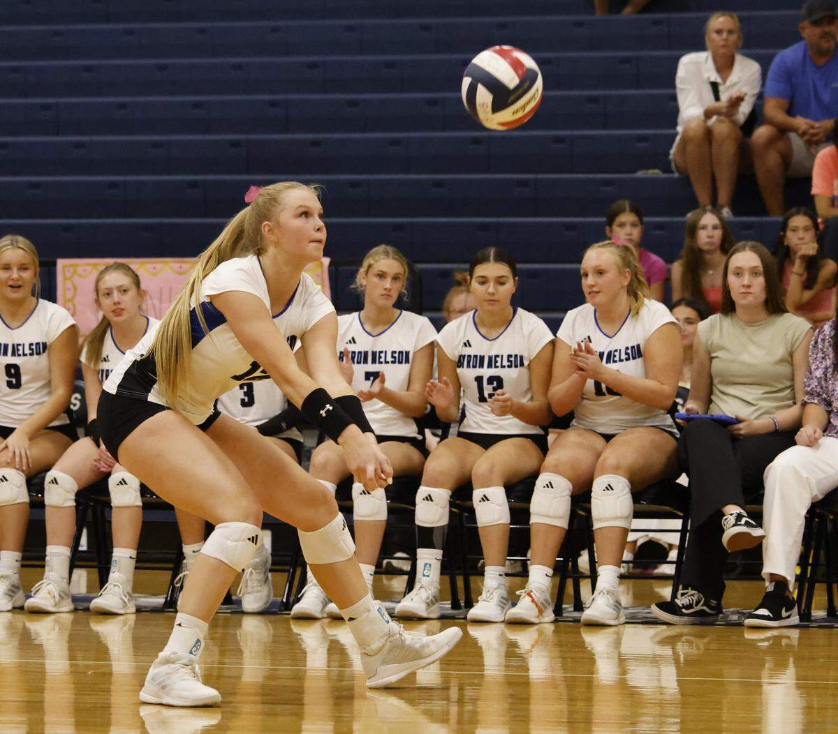 Byron Nelson senior outside hitter Ashlyn Seay sets the ball at Keller on Oct. 14.