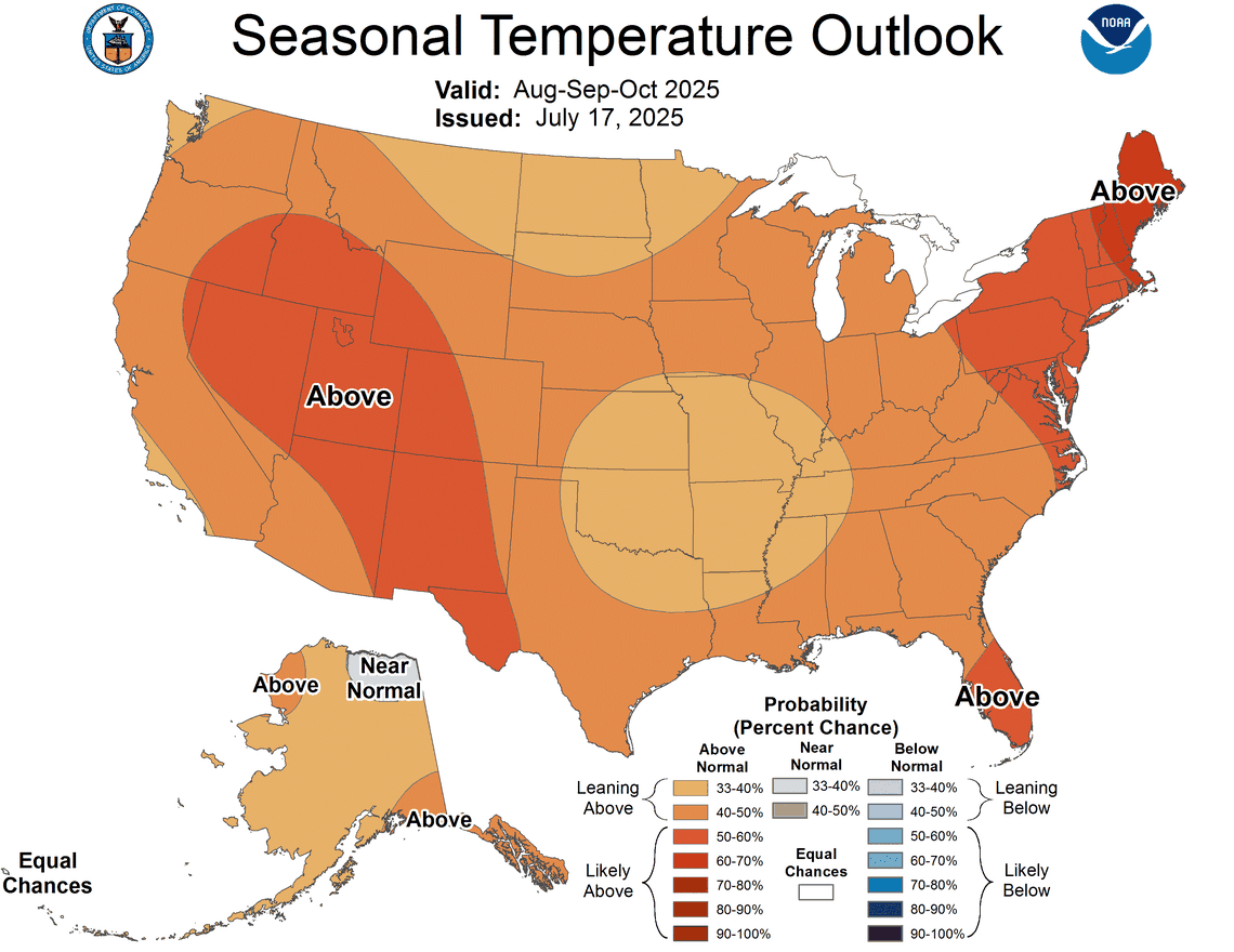 The three month seasonal temperature outlook for the U.S. from August through October.