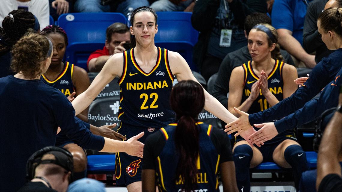 Indiana Fever guard Caitlin Clark (22) is announced as a starter prior to a WNBA preseason game against the Dallas Wings at College Park Center in Arlington on May 3, 2024. A North Texas man accused of stalking Clark was recently arrested in Indianapolis.