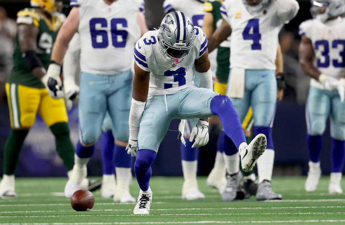 Dallas Cowboys wide receiver George Pickens celebrates a play against the Green Bay Packers on Sunday, Sept. 28, 2025, at AT&T Stadium in Arlington.