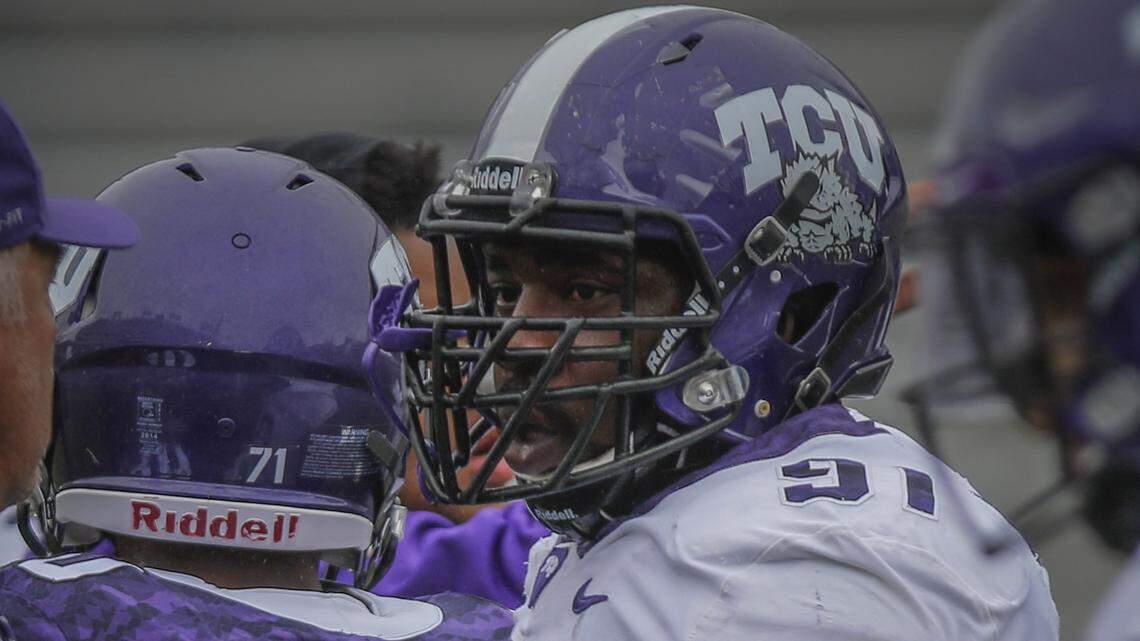 Defensive tackle L.J. Collier warms up at the TCU spring football game, Saturday, April 7, 2018.