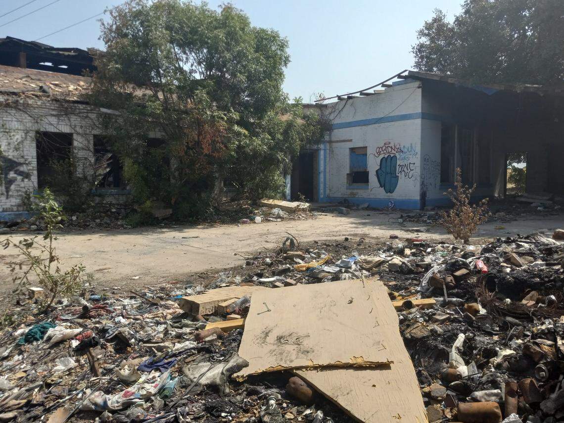 The R. Vickery School property has been abandoned for several years and is strewn with trash.