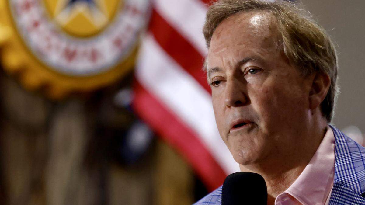 Republican US Senate candidate Ken Paxton speaks to supporters at a campaign stop on May 15, 2026 in Little Elm, Texas. Paxton and incumbent John Cornyn are set for a run off later in May.