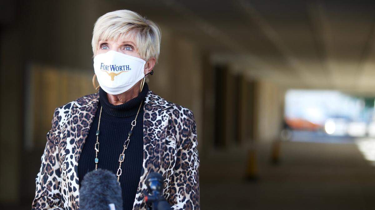 Fort Worth Mayor Betsy Price speaks outside of City Hall Monday, Nov. 30, 2020 after returning for a battle with COVID-19. Price described her symptoms and “moderate” and urged people to wear a mask.