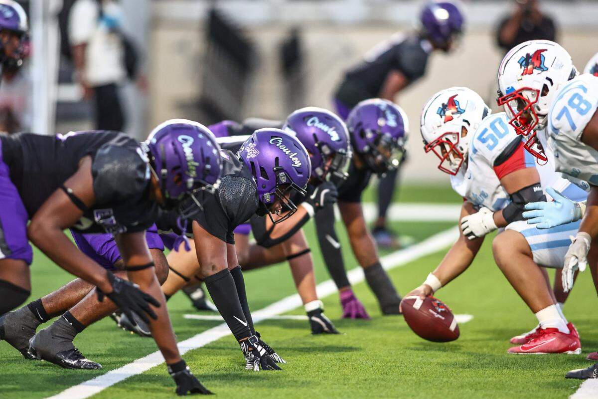 Crowley’s defensive line faces off against Dallas Skyline’s offense at Crowley ISD Stadium on September 12, 2024.