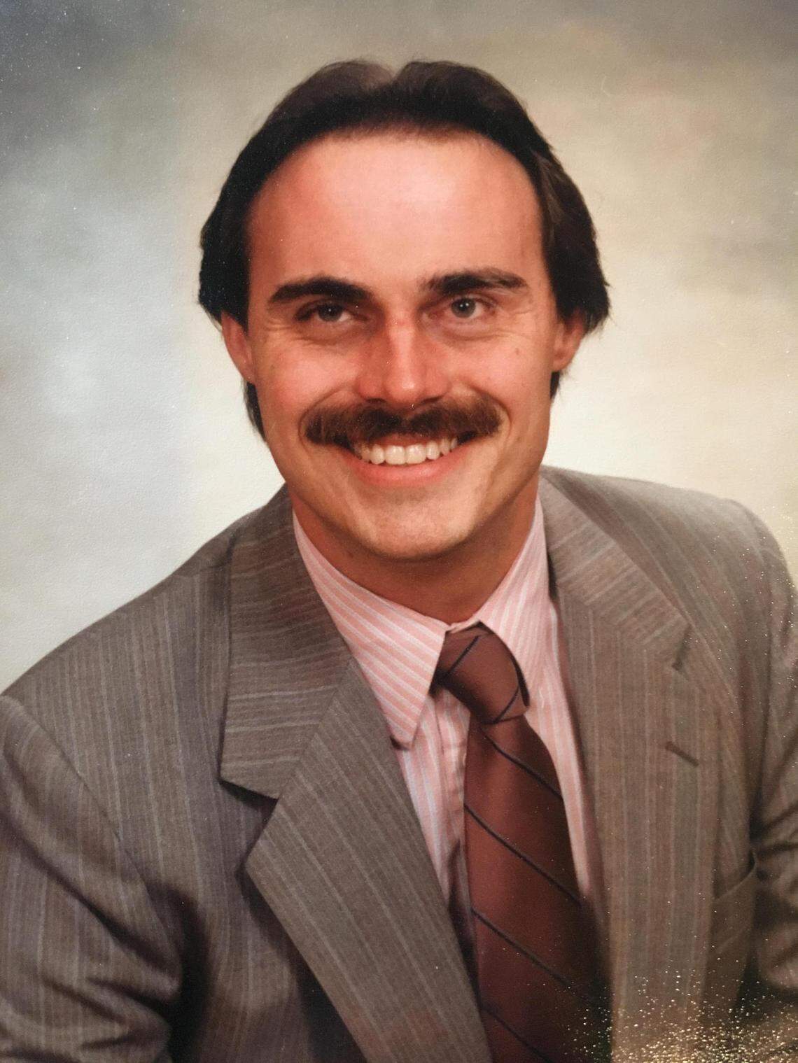 A photo of talk radio host Mark Davis in 1984 at WOKV in Jacksonville, Florida.