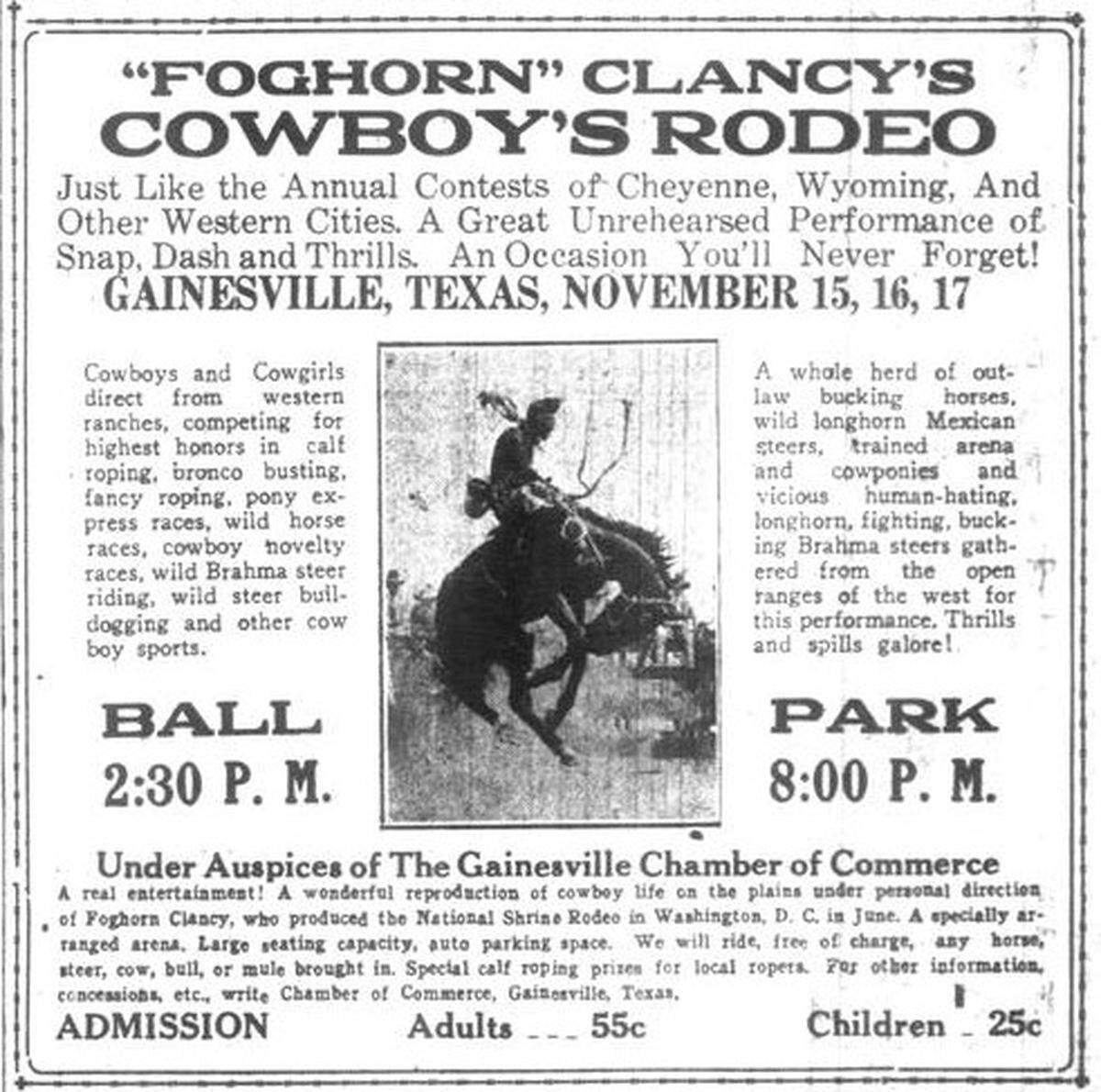 In 1923, the same year that Fog Horn Clancy took over management of the Southwestern Exposition and Fat Stock Show, he also established his own rodeo company. This ad for his Cowboy Rodeo ran in the Gainesville Daily Register.