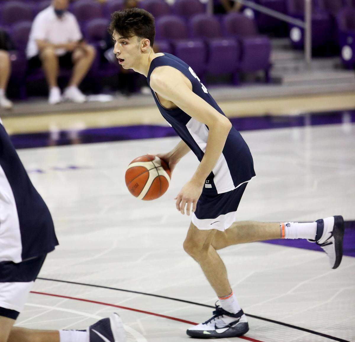 Chet Holmgren, a Gonzaga incoming freshman, practices during training camp for the 2021 USA Basketball MenÕs U19 World Cup Team on Tuesday, June 22, 2021, at TCUÕs Schollmaier Arena. Holmgren is one of 17 players chosen as finalists vying for a spot on the final 12-member USA U19 World Cup Team.