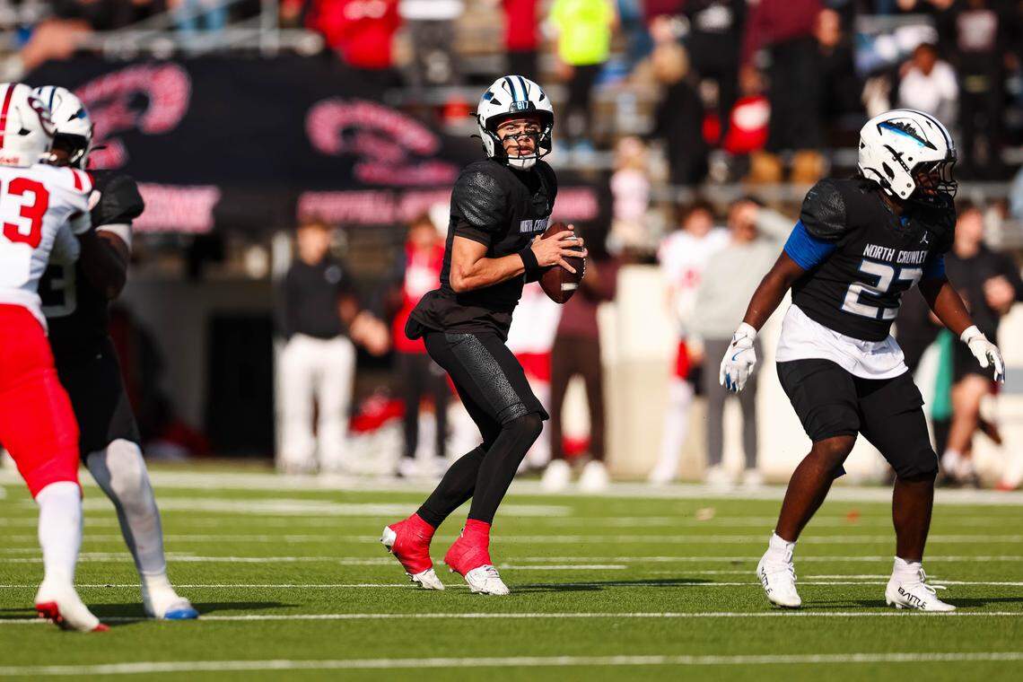 North Crowley quarterback Hayes Coultier (9) looks downfield before making a pass against Coppell in a Class 6A Division I regional playoff Saturday, Nov. 29, 2025, at Midlothian ISD Stadium in Midlothian.