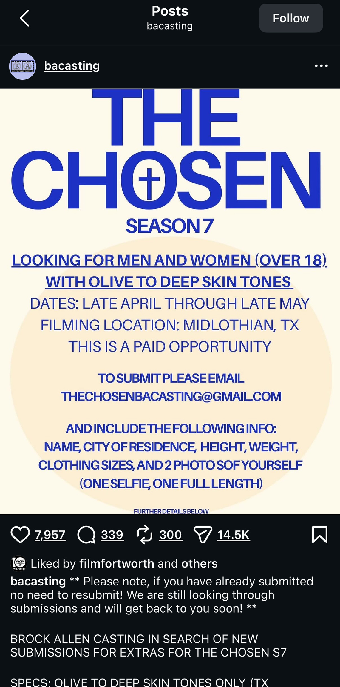 A casting notice for “The Chosen” season 7 posted on Instagram by Brock Allen Casting.