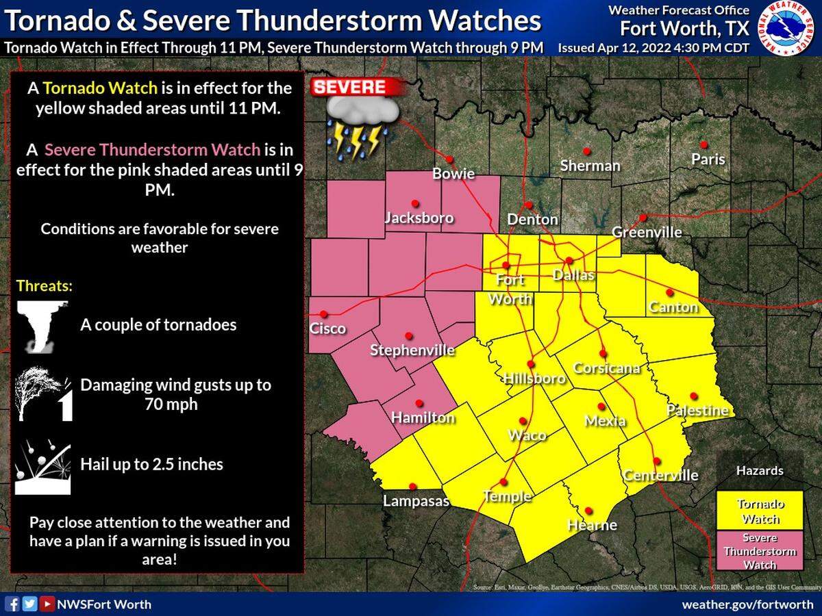 Tarrant, Johnson and Dallas counties are among those in North Texas under a tornado watch until 11 p.m. Tuesday.