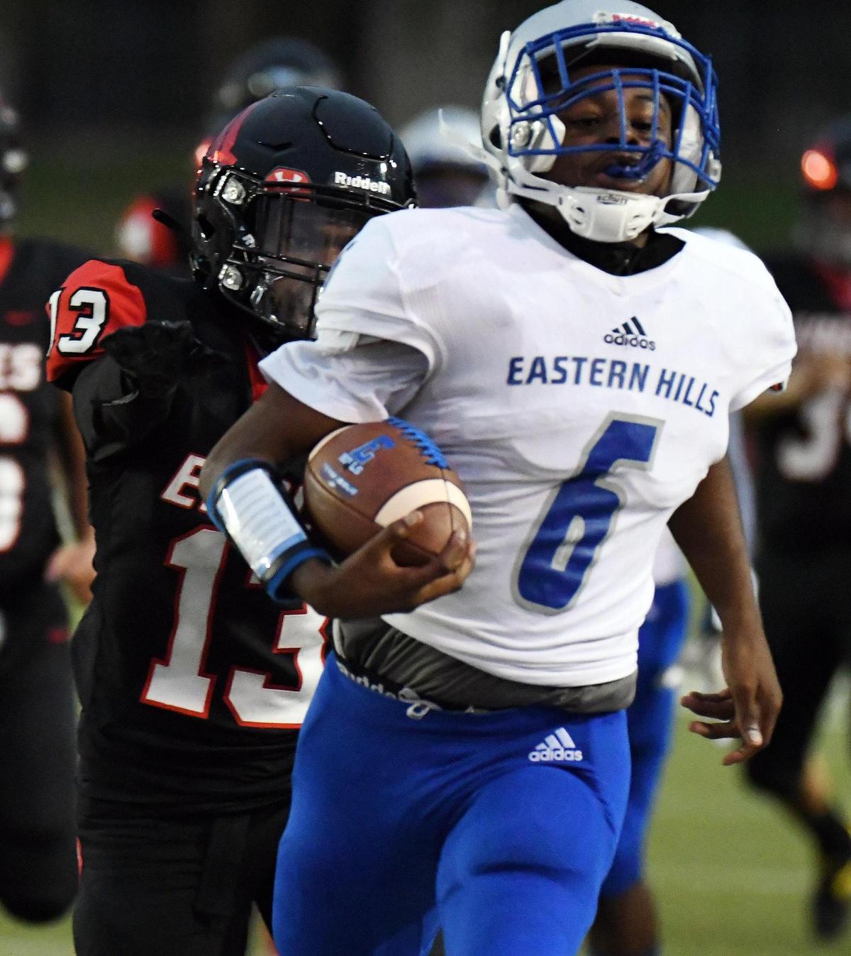 Diamond Hill-Jarvis’ Keyon Osborne, left, pushes Eastern Hills’ Milton Houston out of bounds as he races for a first down in the second quarter of their football game Thursday, September 10, 2020 at Farrington Field in Fort Worth, Texas. Special/Bob Haynes
