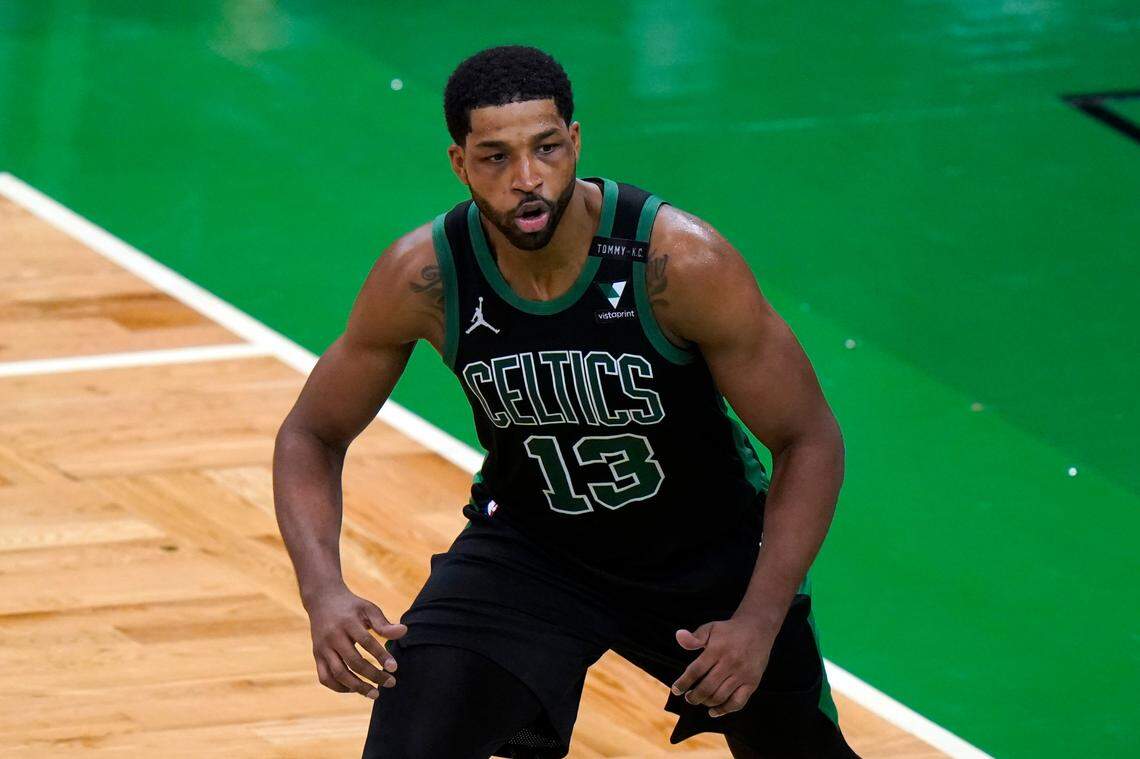 Boston Celtics’ Tristan Thompson (13) in the second half of a basketball game against the Miami Heat, Sunday, May 9, 2021, in Boston. (AP Photo/Steven Senne)