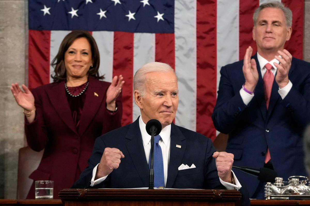 President Joe Biden delivers the State of the Union address to a joint session of Congress at the U.S. Capitol, Tuesday, Feb. 7, 2023, in Washington, as Vice President Kamala Harris and House Speaker Kevin McCarthy of Calif., applaud. (Jacquelyn Martin, Pool)
