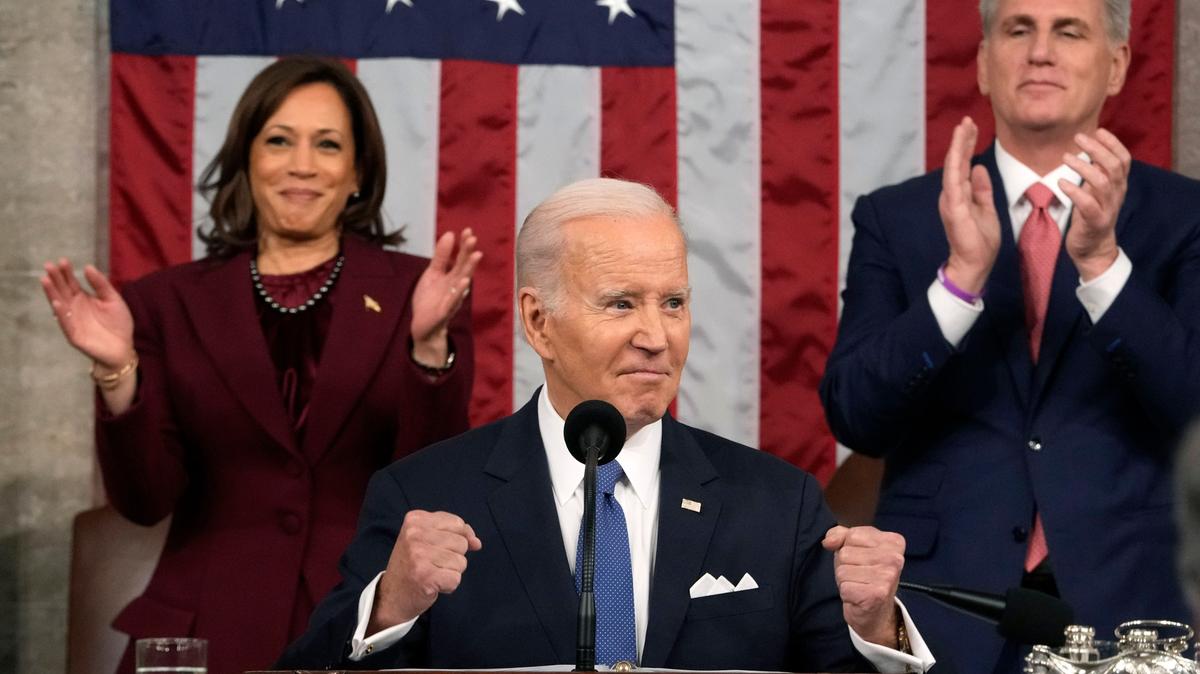 President Joe Biden delivers the State of the Union address to a joint session of Congress at the U.S. Capitol, Tuesday, Feb. 7, 2023, in Washington, as Vice President Kamala Harris and House Speaker Kevin McCarthy of Calif., applaud. (Jacquelyn Martin, Pool)