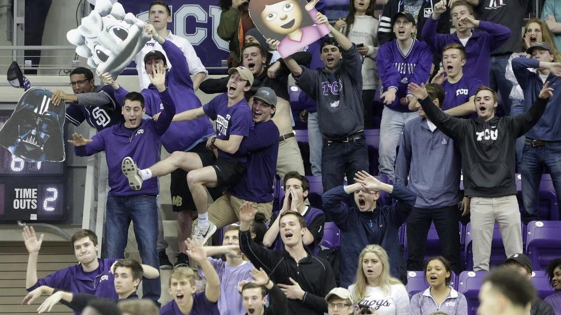 TCU fans cheer the basketball team during a game in February.  The university has long struggled with diversity among its student body.