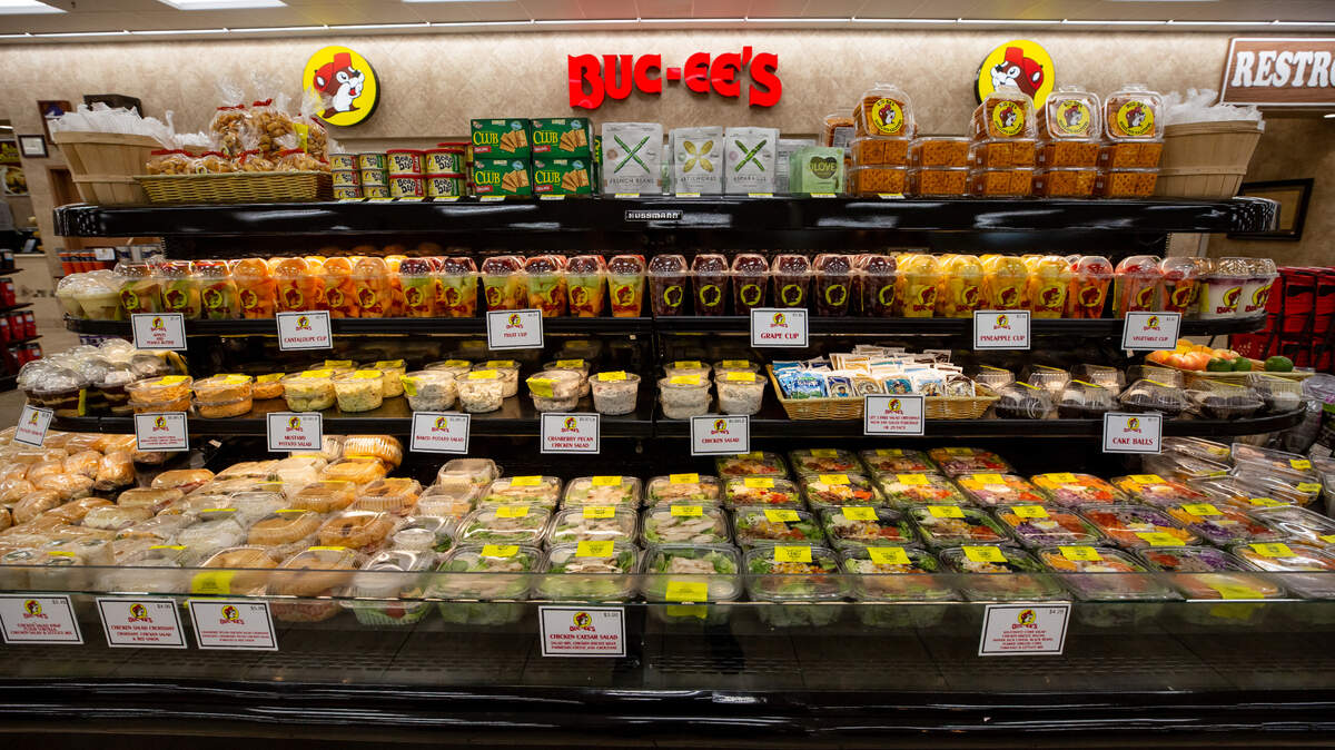 A selection of fresh food and snacks inside a Buc-ee’s, the Texas-based chain of large travel centers.