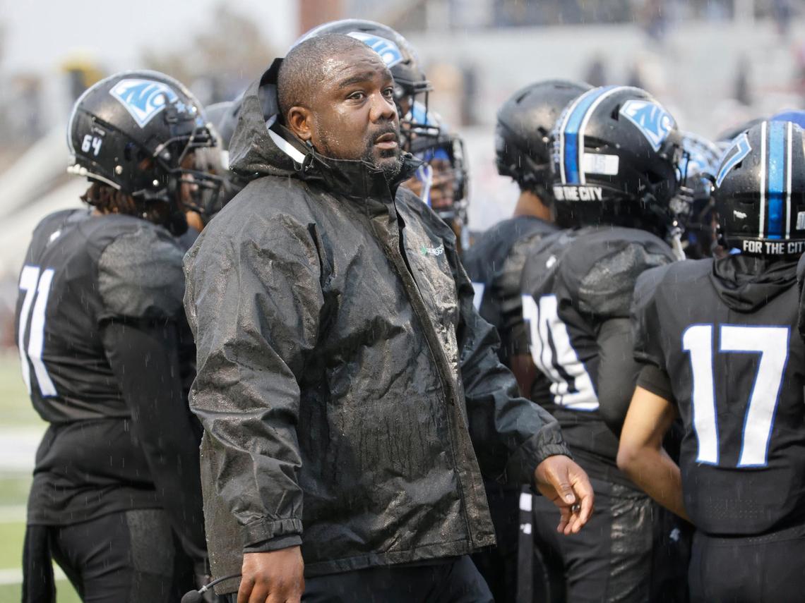 North Crowley head coach Ray Gates glances back to the sidelines durning a timeout during the UIL 6A D1 Quarterfinals at Vernon Newsom Stadium in Mansfield, Texas, Saturday, Dec. 07, 2024.