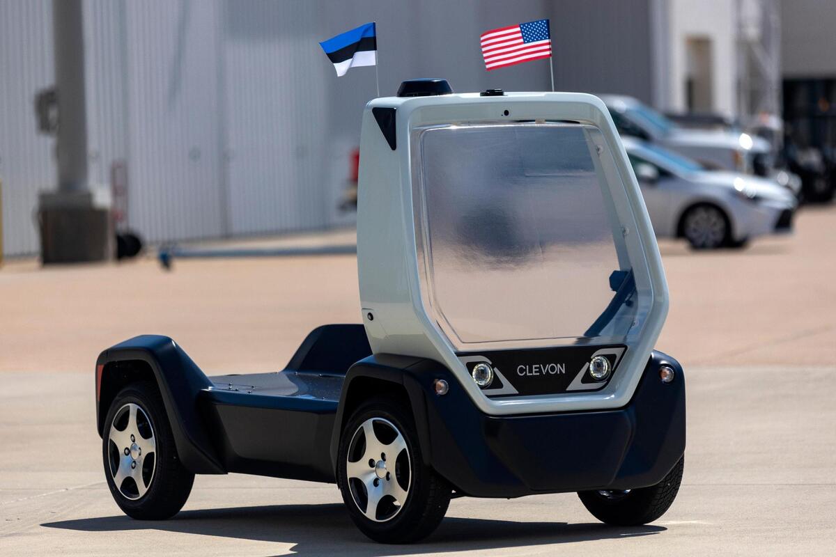 Clevon 1, a self-driving vehicle, zooms around the Perot Field Fort Worth Alliance Airport on Thursday. Clevon is an Estonian company manufacturing autonomous delivery vehicles.