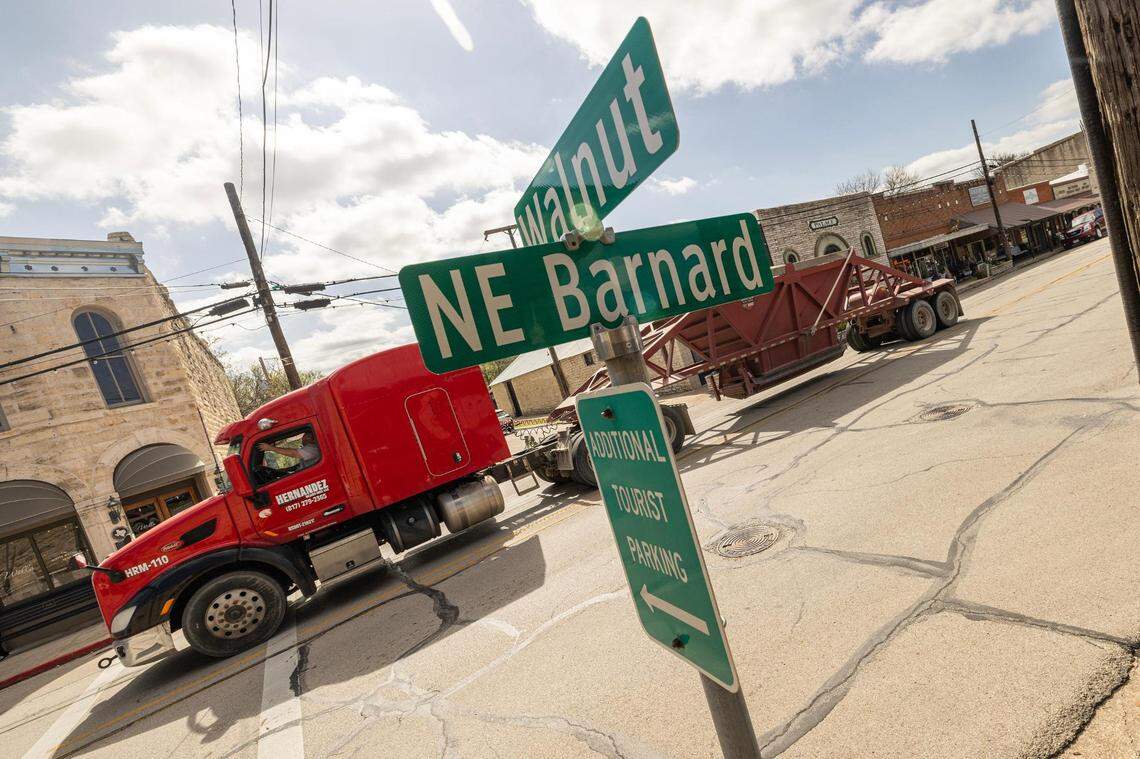 A semi truck rolls down NE Barnard Street in Glen Rose on Wednesday, March 13, 2024. Glen Rose officials have been proposing a detour to TxDOT and local quarries to keep trucks out of it’s downtown, however they’ve been unsuccessful and an influx of visitors for spring break has worsened the traffic problems.