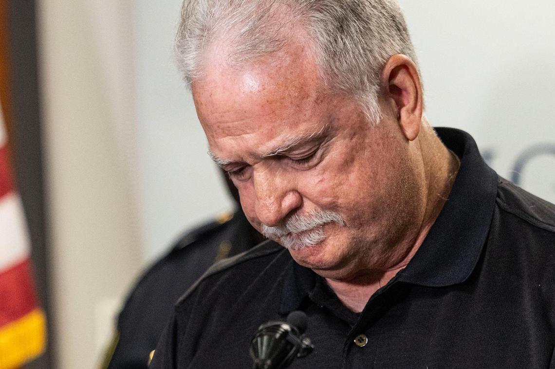 Tom Rowan, the lead investigator in Johns’ case, becomes emotional while speaking to the news media gathered for a news conference announcing an arrest in the 1994 murder of Megan Johns at the Irving Police Department on Wednesday, June 11, 2025.