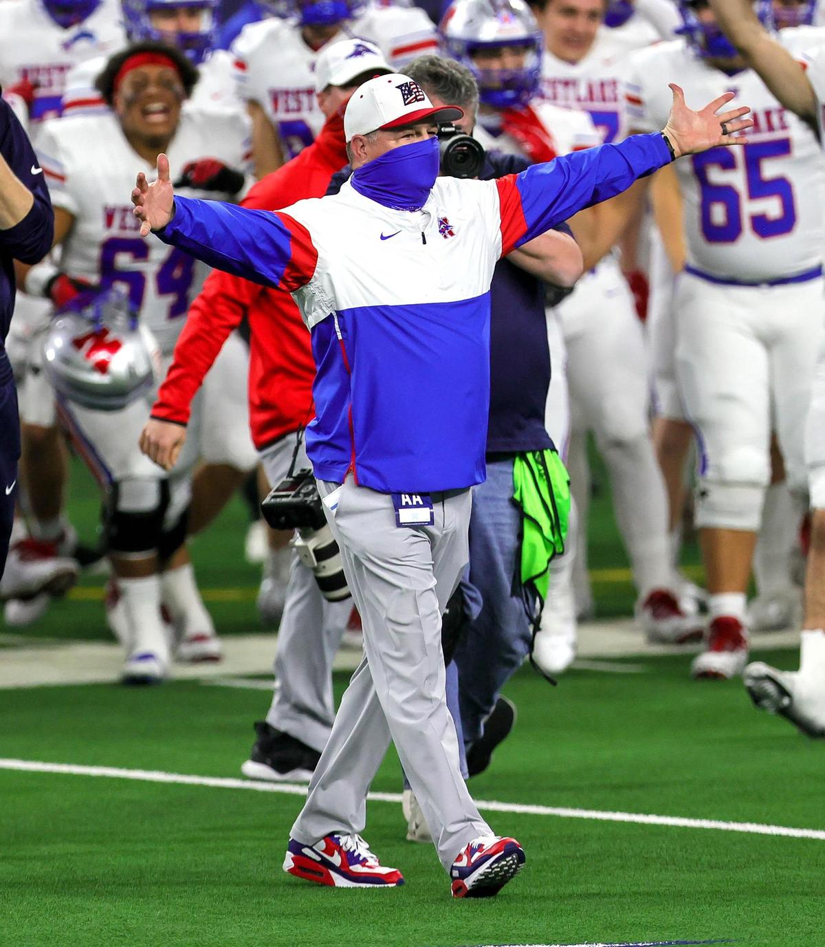 Austin Westlake head coach Todd Dodge walks onto the field as his team defeated Southlake Carroll, 52-34 in the 6A Division 1 High School State Championship football playoff game, January 16, 2021 played at AT&T Stadium in Arlington, Tx. (Steve Nurenberg Special to the Star-Telegram)