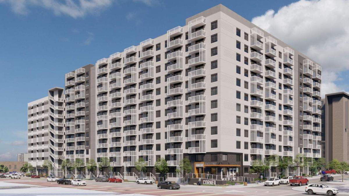 The most recent design rendering of The Jones, a proposed 12-story apartment building for downtown Fort Worth with retail space at the corner of Jones and Ninth streets.