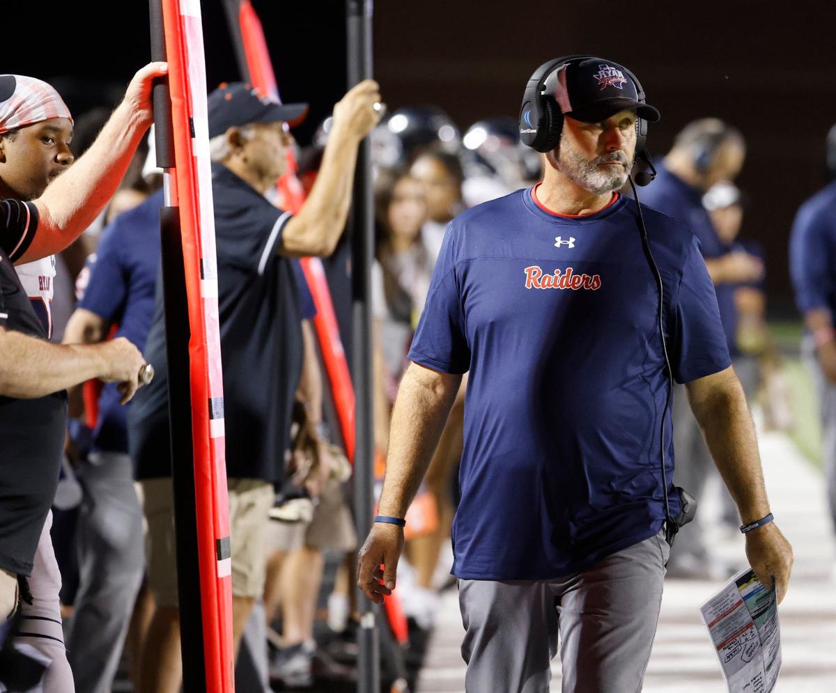 Denton Ryan head coach Dave Henigan watches the final minutes of the fourth quarter during a UIL football game at Buchanan Stadium in Aledo Texas, Friday, Oct. 04, 2024.