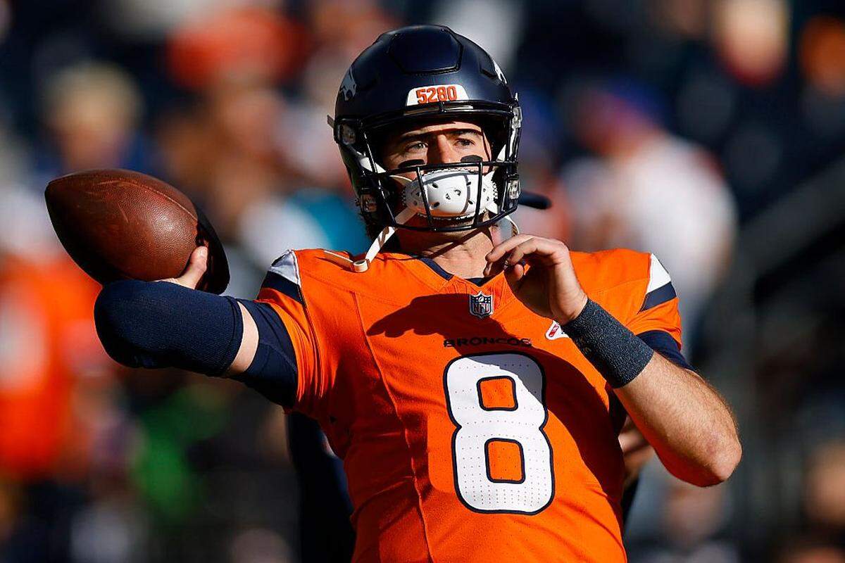 DENVER, COLORADO - DECEMBER 21: Jarrett Stidham #8 of the Denver Broncos warms up prior to a game against the Jacksonville Jaguars at Empower Field At Mile High on December 21, 2025 in Denver, Colorado. (Photo by Justin Edmonds/Getty Images)