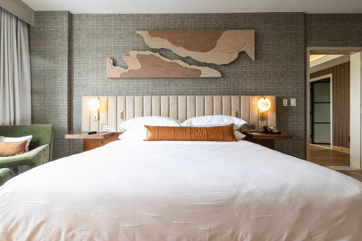 The bedroom of the Trinity Suite inside the newly remodeled Sheraton hotel in downtown Fort Worth on Tuesday, April, 23, 2024.