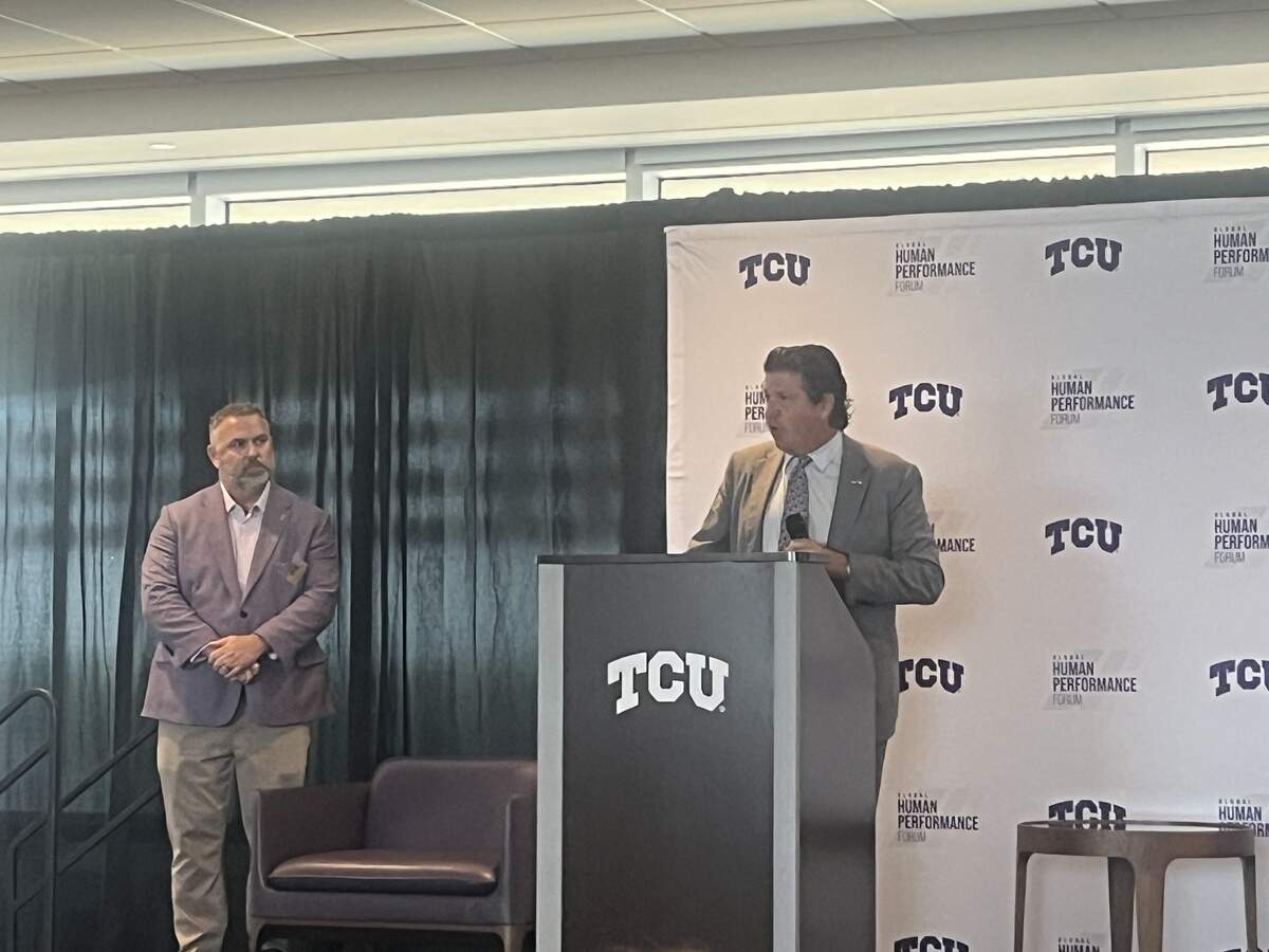 TCU Chancellor Daniel Pullin announces the Roach Institute of Athlete Engineering at an event on Tuesday, June 16, 2026. The institute will be dedicated to studying athlete performance both on and off the field.