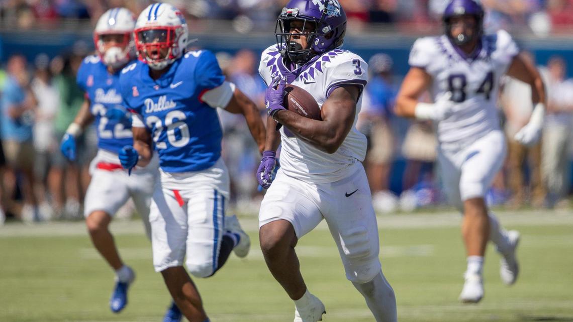 TCU running back Emari Demercado outruns the SMU defense to score a touchdown on Saturday, Sept. 24, 2022, at the Gerald Ford Stadium in Dallas, Texas. Demercado says TCU is preparing for an Oklahoma defense that will attack from anywhere.